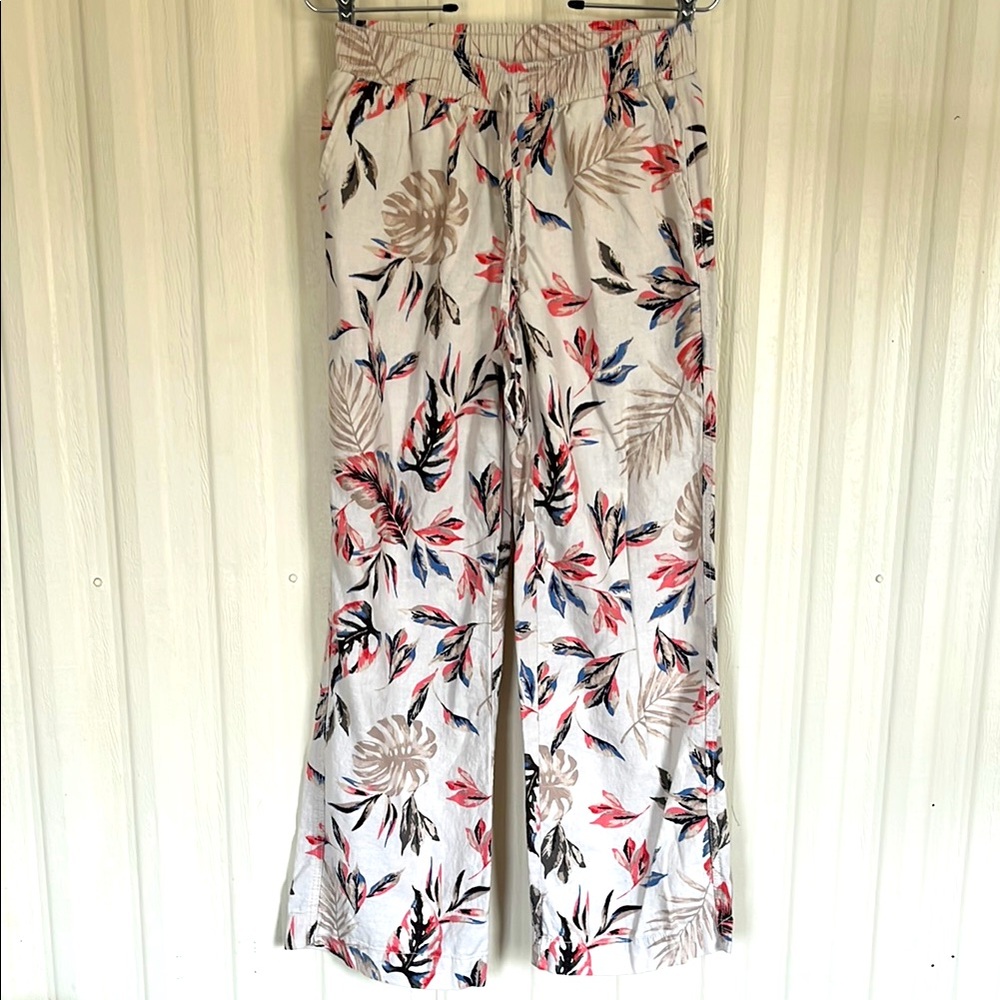 BRIGGS‎ Linen Blend Tropical Floral Print Wide-Leg Pants Womens S